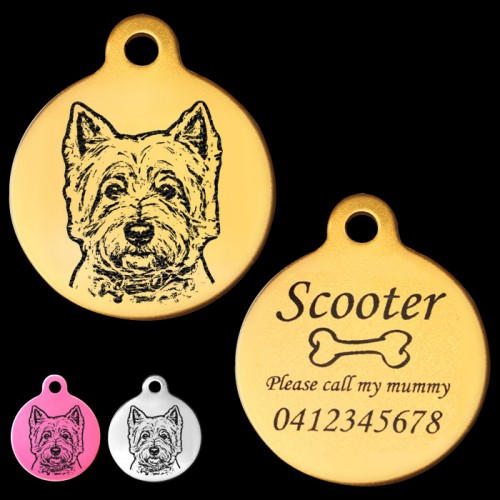 West Highland White Terrier Engraved 31mm Large Round Pet Dog ID Tag